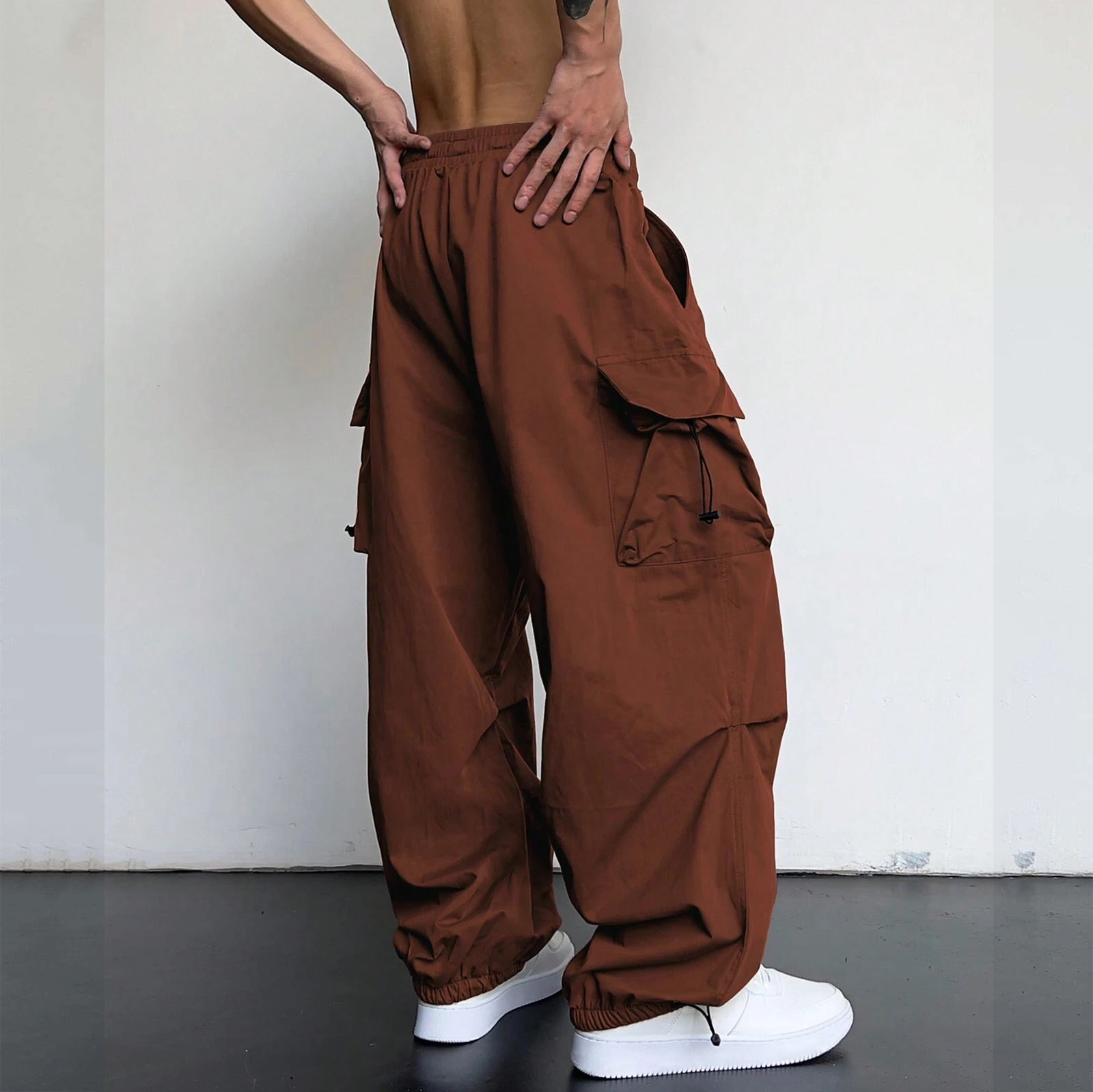 thumbnail image 5 of Pantalones cargo deportivos de cintura informal para hombre - Bolsillo tejido con cordón - Ropa urbana para todas las estaciones, 5 of 8
